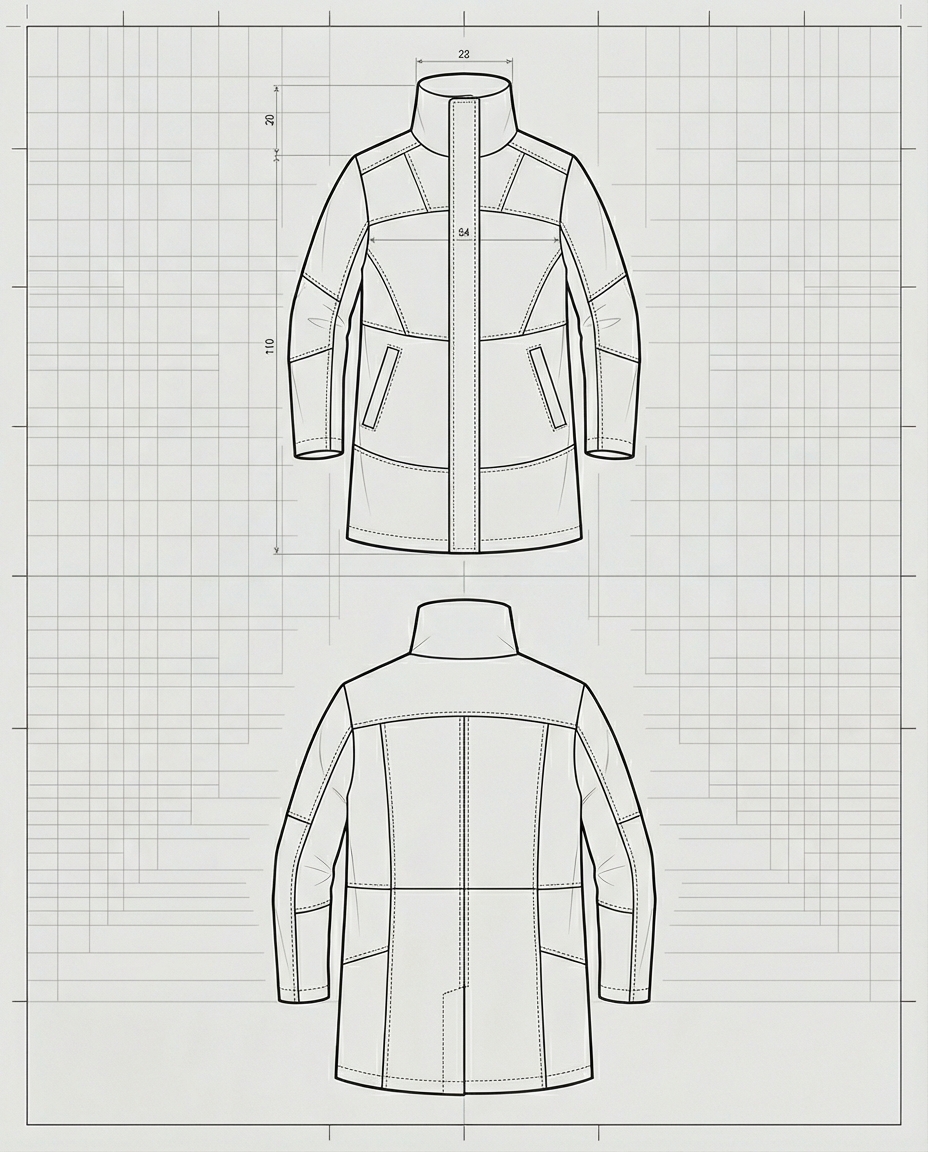 Technical jacket flat drawing with measurements - pattern by Garment Process